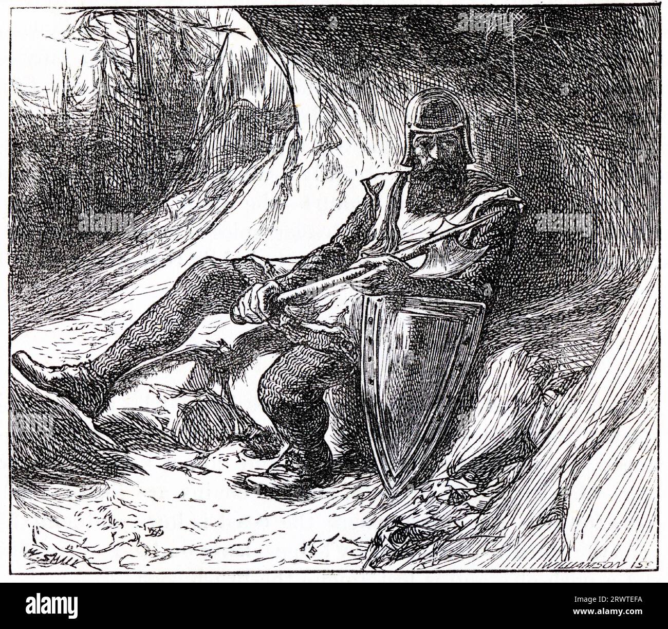 Engraving of Robert the Bruce gaining inspiration from a persistent spider to keep fighting the English Stock Photo