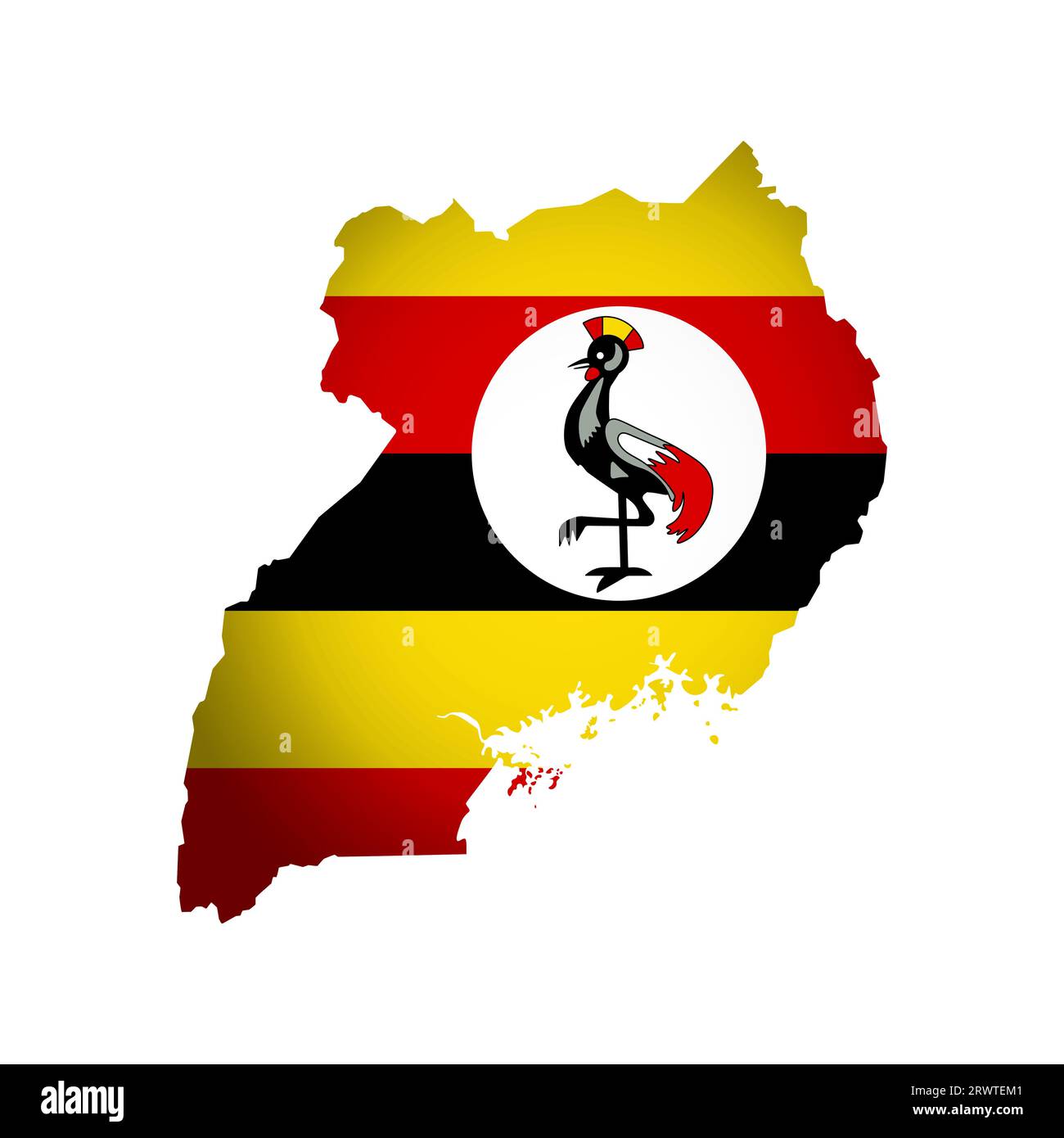 Vector isolated illustration with ugandan national flag with shape of Uganda map (simplified) including national symbol - grey crowned crane. Volume s Stock Vector