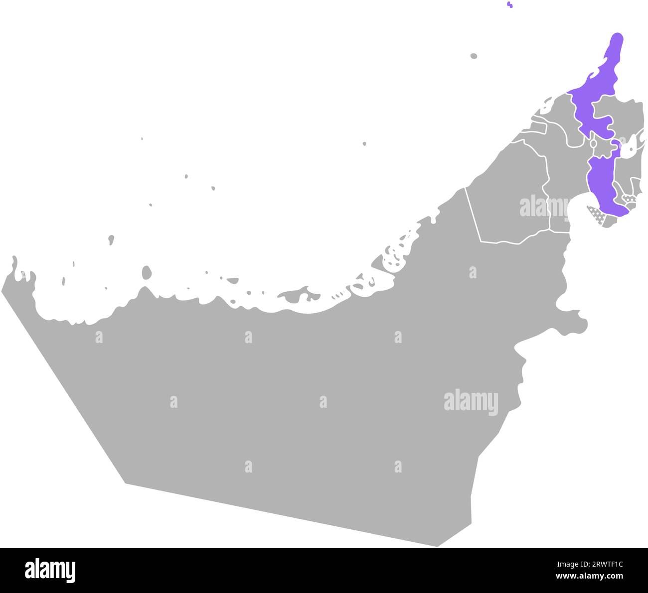 Vector isolated simplified colorful illustration with grey silhouette of United Arab Emirates (UAE), violet contour of  Ras Al Khaimah region and whit Stock Vector