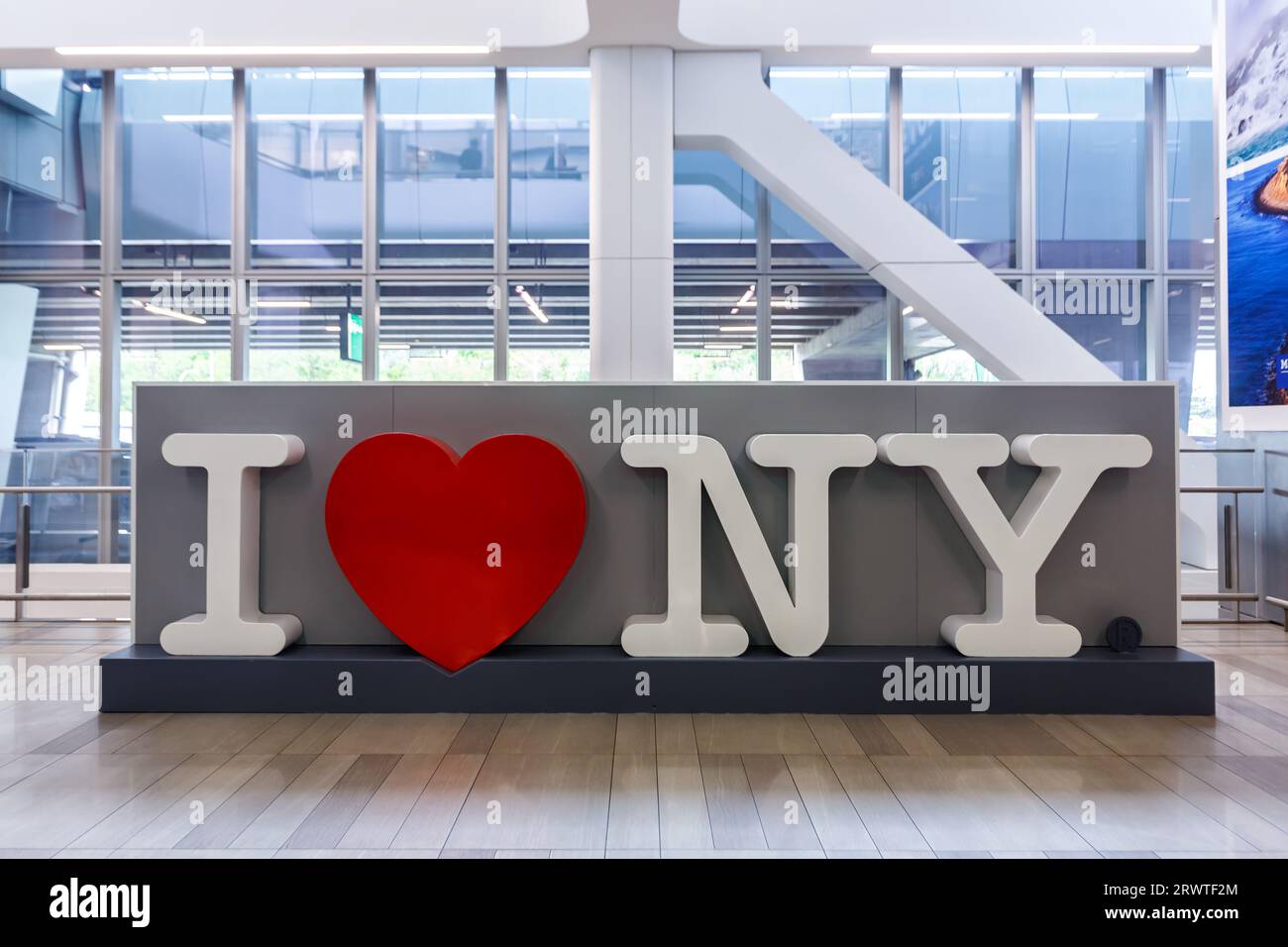 I Love NY heart sign at LaGuardia Airport in New York, United States Stock Photo