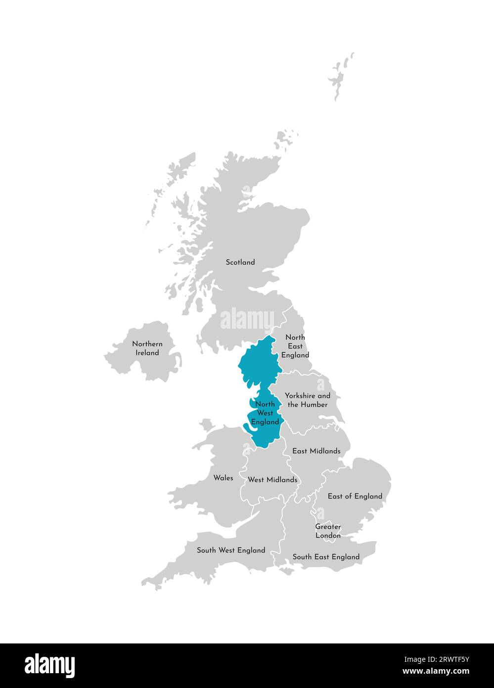 Vector isolated illustration of simplified administrative map of the United Kingdom (UK). Blue shape of North West England. Borders and names of the r Stock Vector
