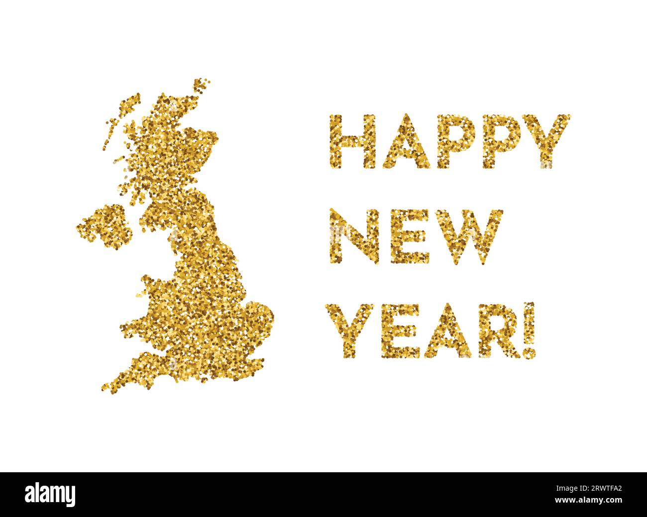 Vector isolated illustration with simplified United Kingdom of Great Britain and Northern Ireland map. Shiny gold glitter texture. New Year decoration Stock Vector
