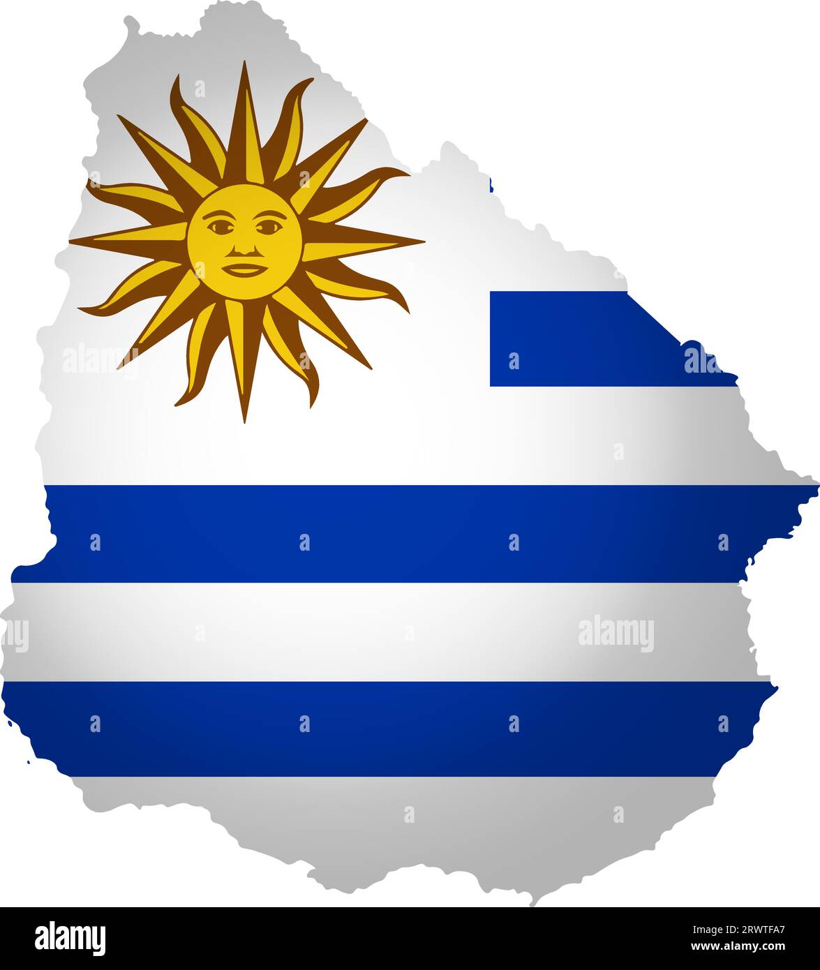 Illustration with national flag with simplified  shape of Uruguay map (jpg). Volume shadow on the map. Stock Vector