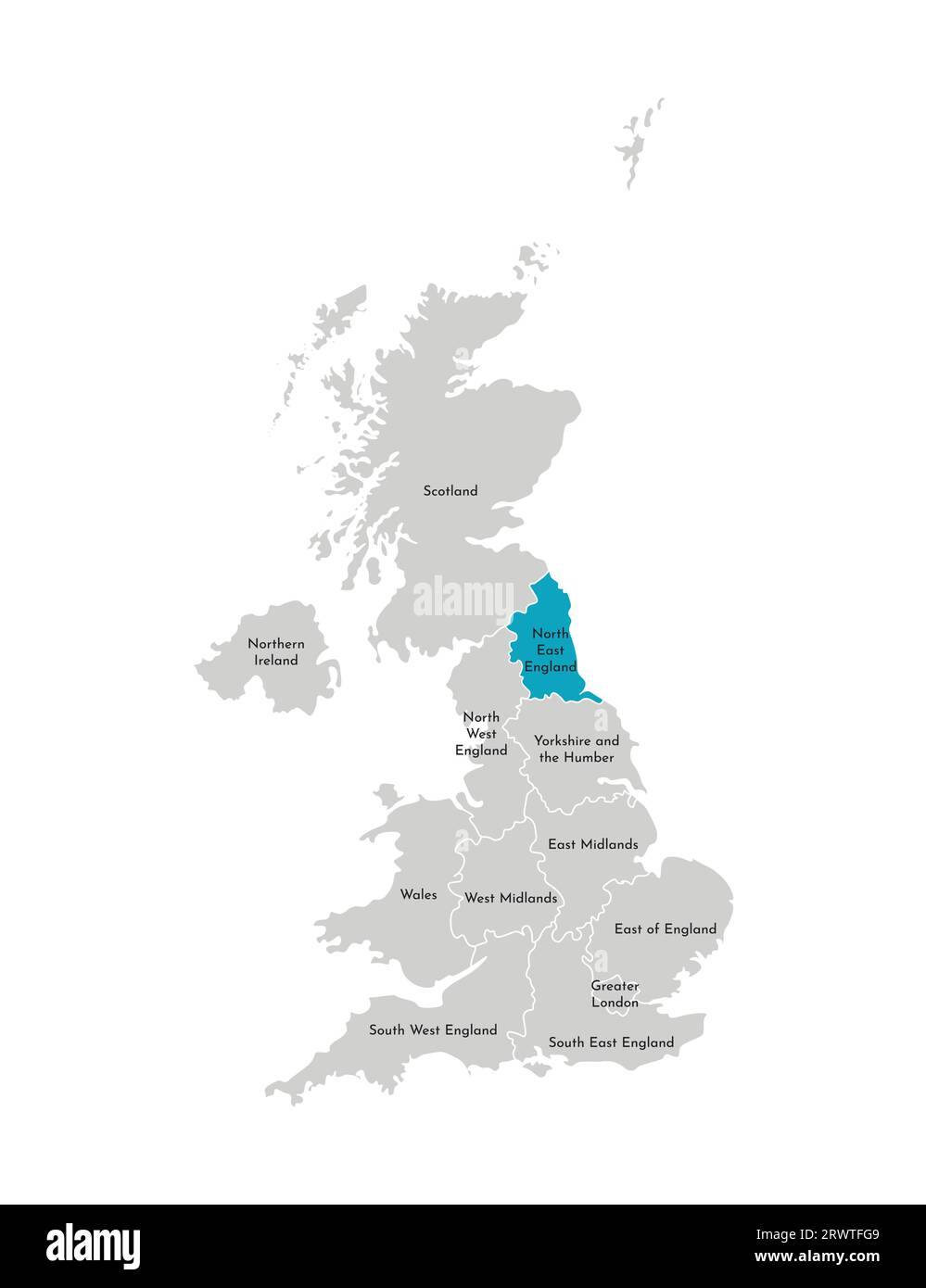 Vector isolated illustration of simplified administrative map of the United Kingdom (UK). Blue shape of North East England. Borders and names of the r Stock Vector