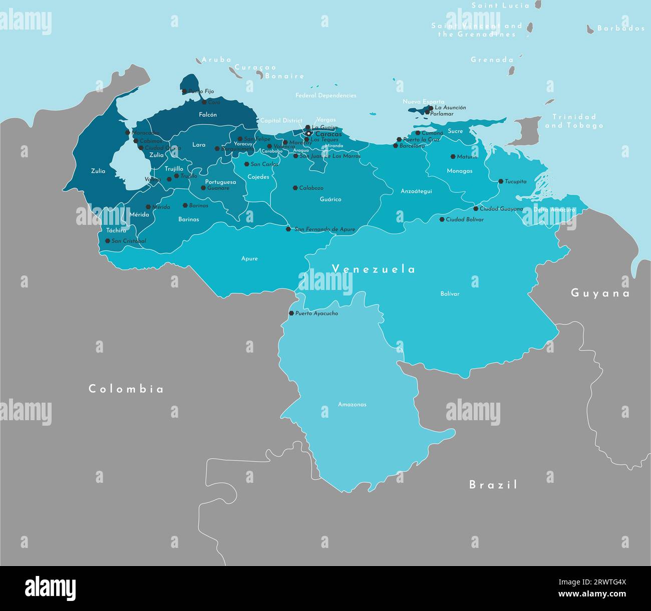 Vector modern illustration. Simplified administrative map of Venezuela and and border with neighboring countries. Blue background of Caribbean Sea. Na Stock Vector