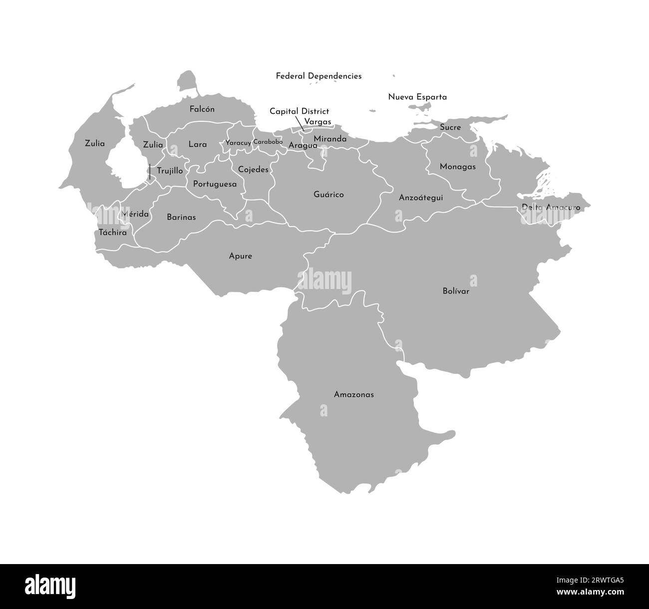 Vector isolated illustration of simplified administrative map of Venezuela. Borders and names of the provinces (regions). Grey silhouettes. White outl Stock Vector