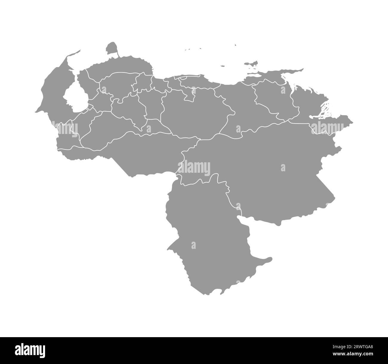 Vector isolated illustration of simplified administrative map of Venezuela. Borders of the provinces (regions). Grey silhouettes. White outline. Stock Vector