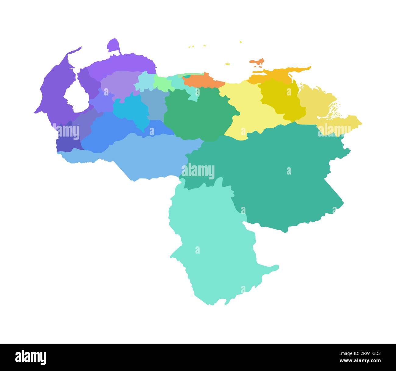 Vector isolated illustration of simplified administrative map of Venezuela. Borders of the regions. Multi colored silhouettes. Stock Vector