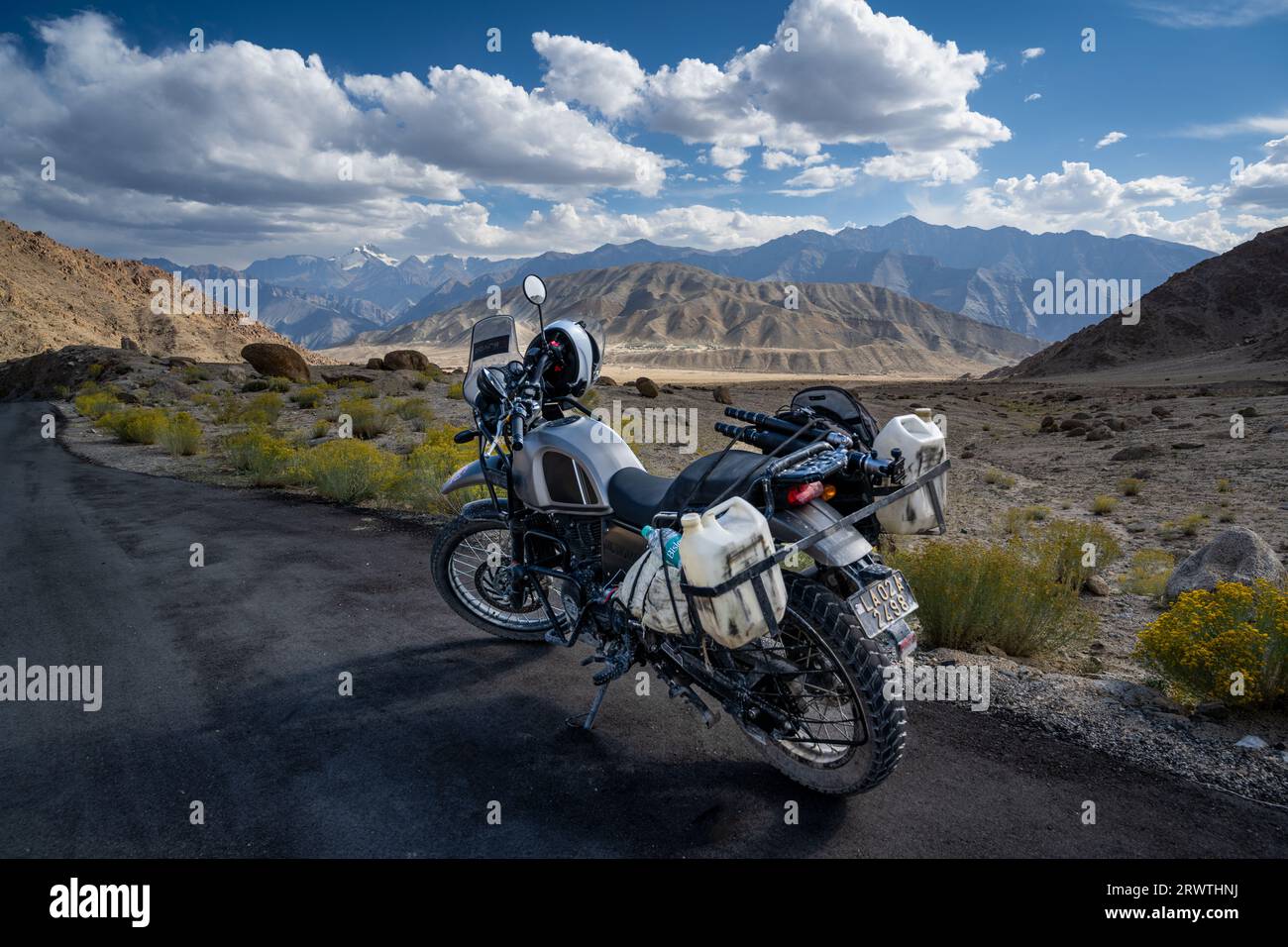 A Royal Enfield Himalayan adventure bike in the Indus Valley, Ladakh Stock Photo