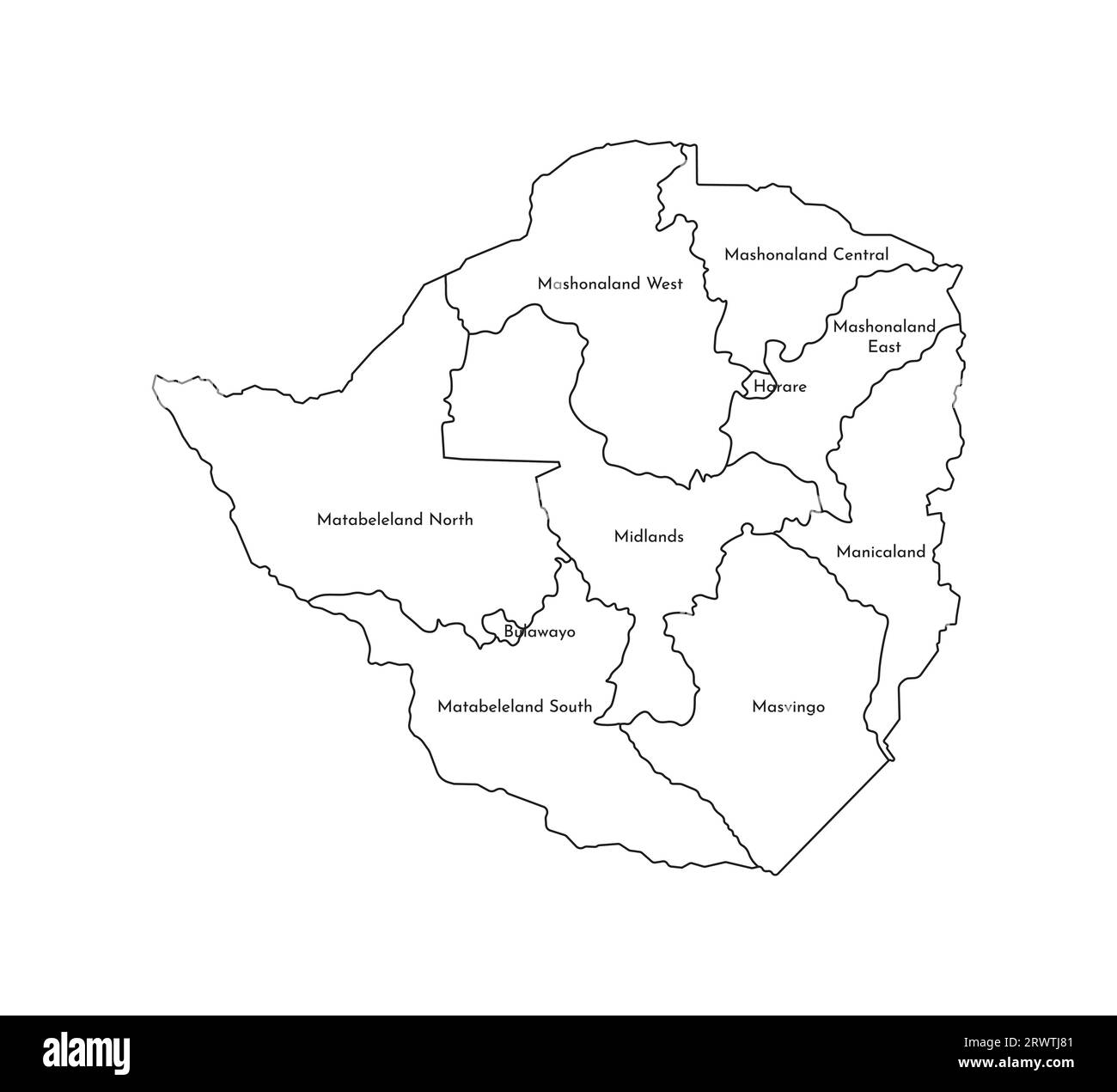 Vector isolated illustration of simplified administrative map of Zimbabwe. Borders and names of the provinces (regions). Black line silhouettes. Stock Vector