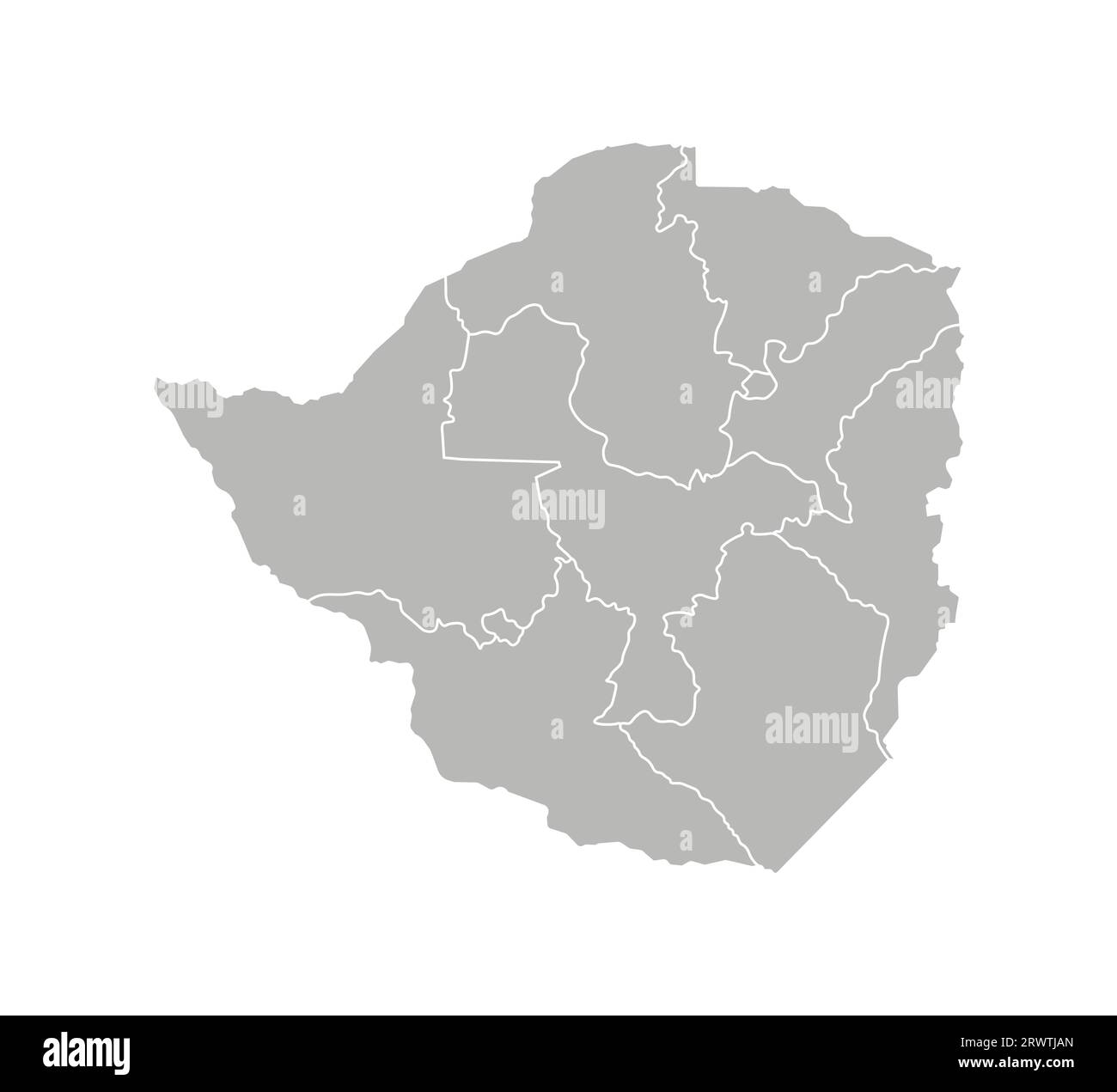 Vector isolated illustration of simplified administrative map of Zimbabwe. Borders of the provinces (regions). Grey silhouettes. White outline. Stock Vector