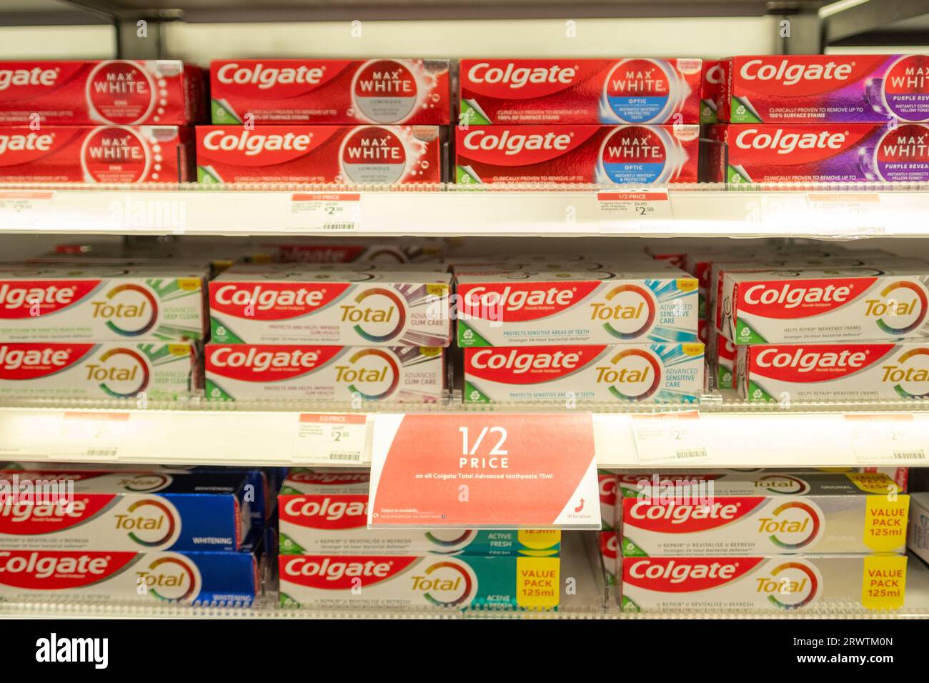 Surrey, September 13th, 2023 Colgate toothpaste for sale on shelf