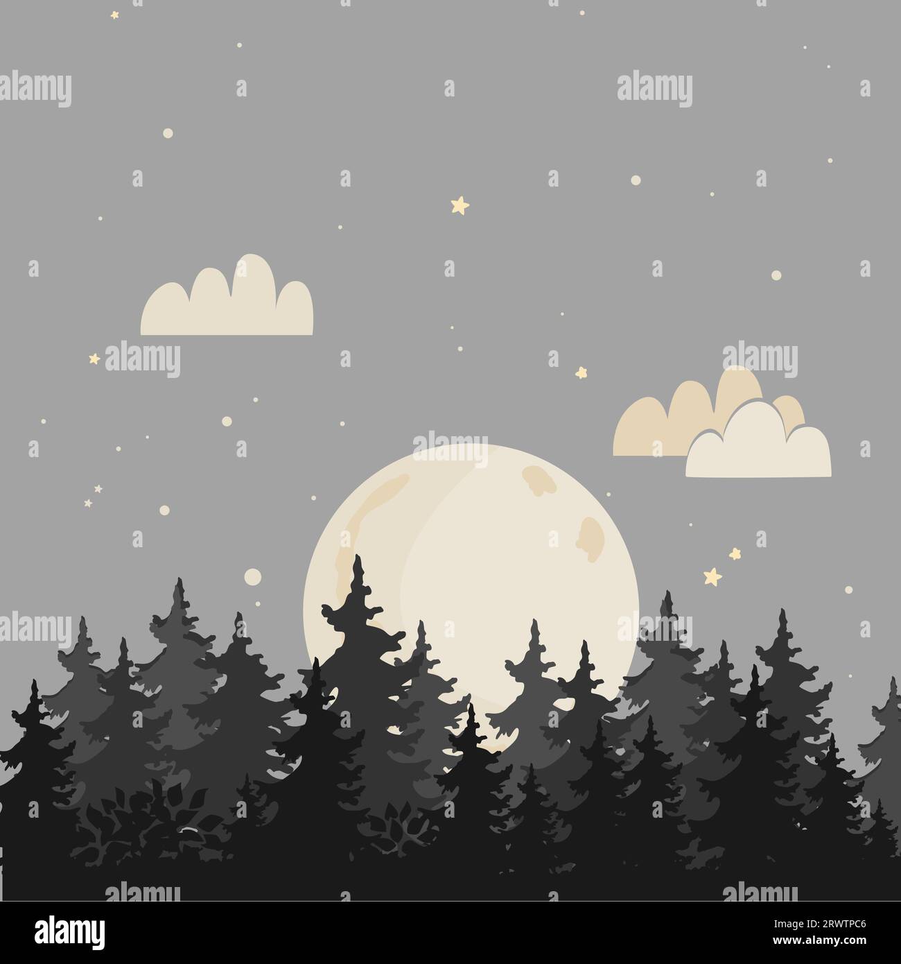 Vector night background with trees, moon, clouds and shining stars on the sky. Forest landscape illustration. Stock Vector