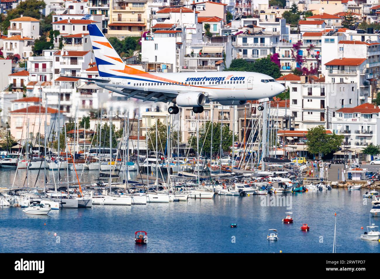 Skiathos, Greece - June 30, 2023: Smartwings Boeing 737-700 airplane at Skiathos Airport (JSI) in Greece. Stock Photo