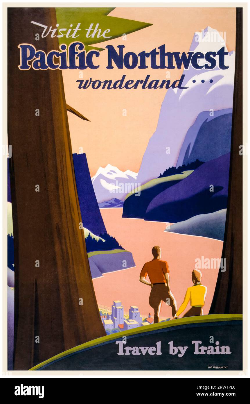 Pacific Northwest, Travel by train, American vintage travel poster, circa 1925 Stock Photo