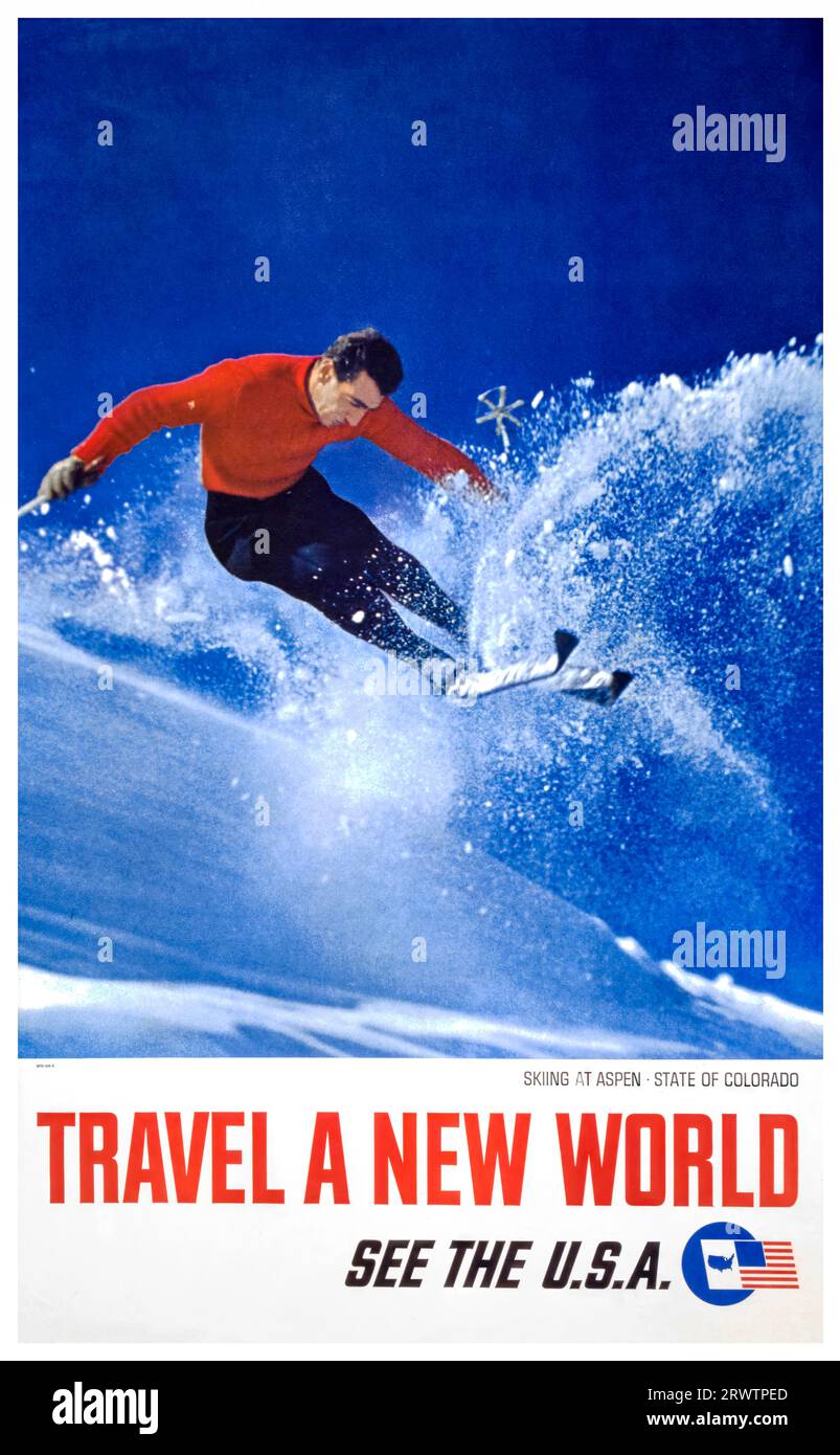 Skiing, Aspen, Colorado, USA, American vintage travel poster, 1962 Stock Photo