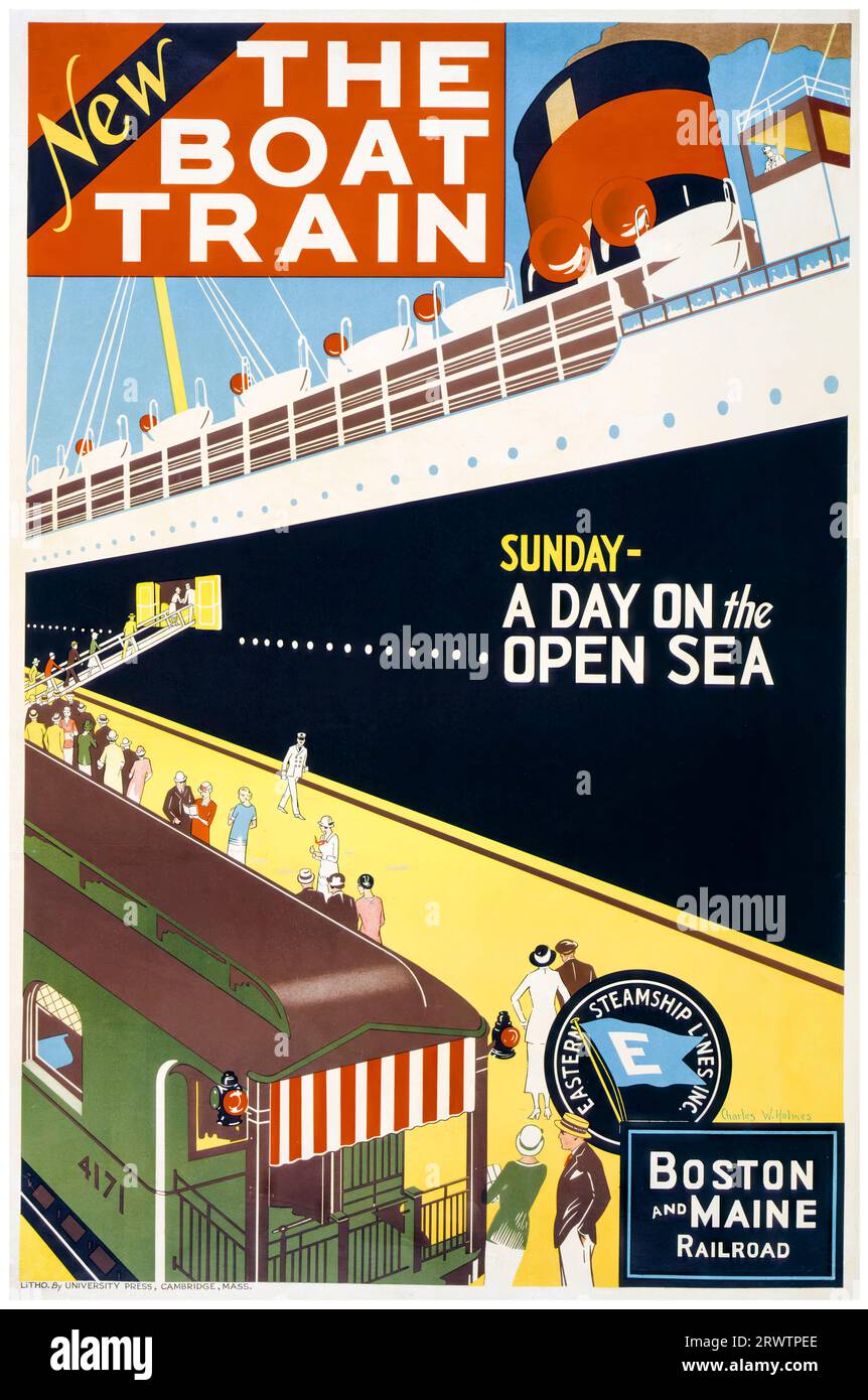 The Boat Train, Cruise Ship and Train, Boston and Maine Railroad, American vintage travel poster, circa 1925 Stock Photo