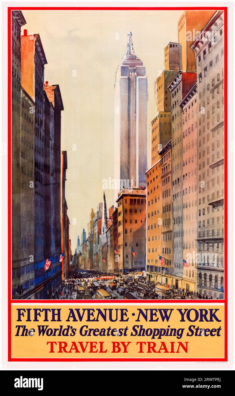 Fifth Avenue, New York, shopping street, Travel by train, American vintage travel poster, 1932 Stock Photo