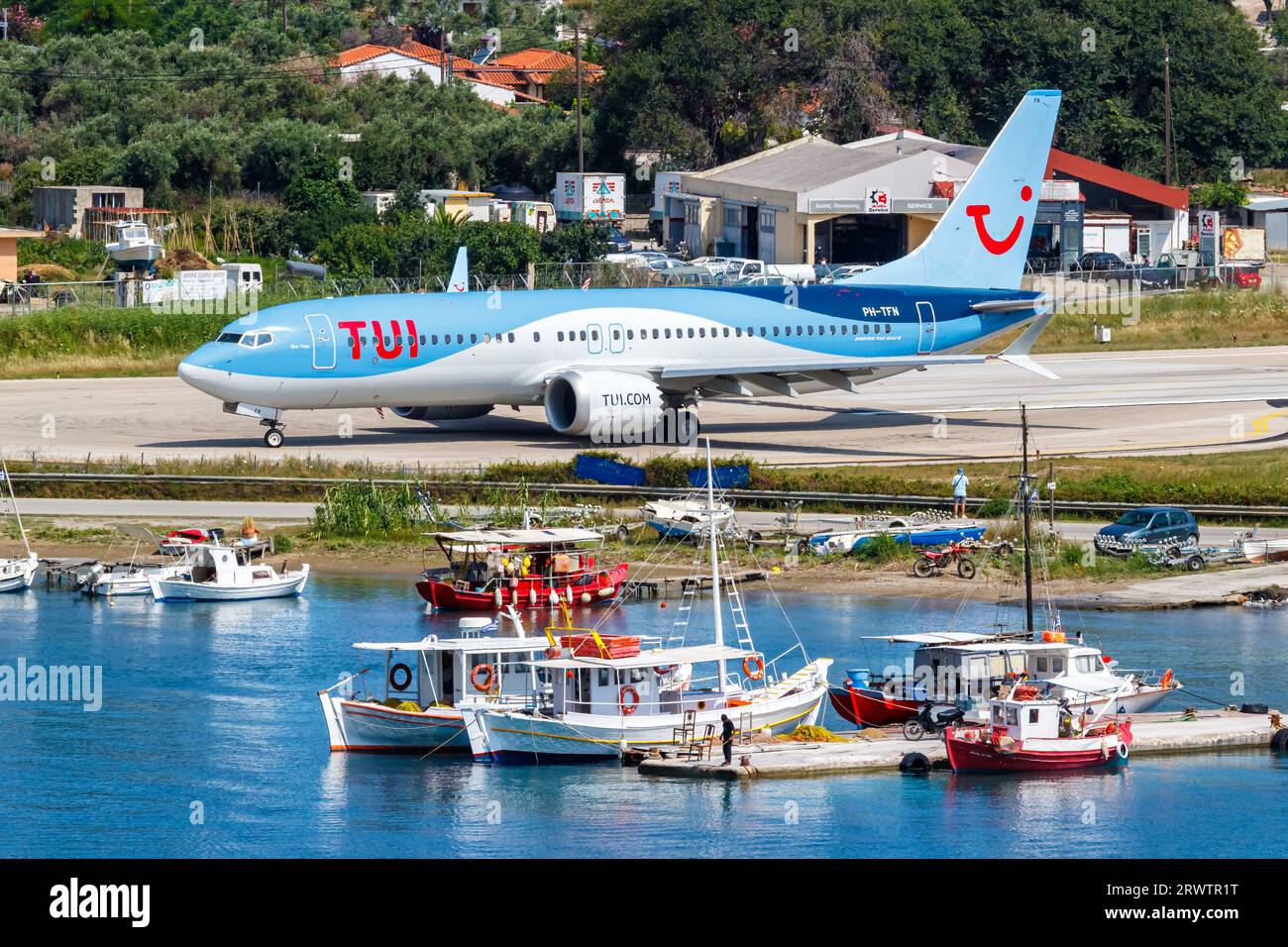 Skiathos, Greece - June 30, 2023: TUI Airlines Nederland Boeing 737 MAX 8 airplane at Skiathos Airport (JSI) in Greece. Stock Photo