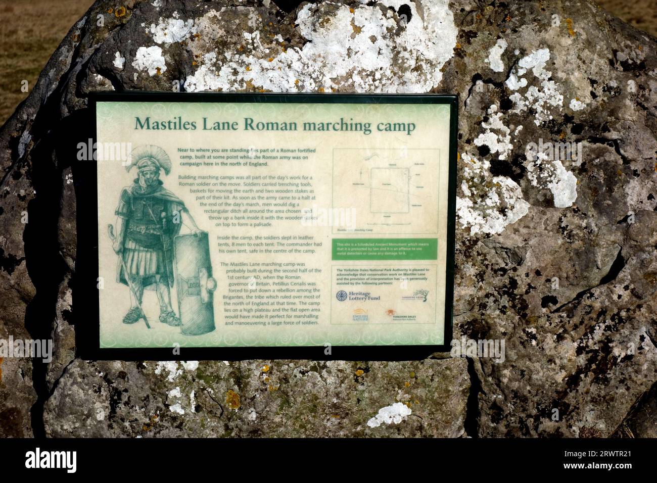 The Information Board at the Roman Camp on the Mastiles Lane an Old 'Roman Road' near Malham in the Yorkshire Dales National Park, England, UK Stock Photo