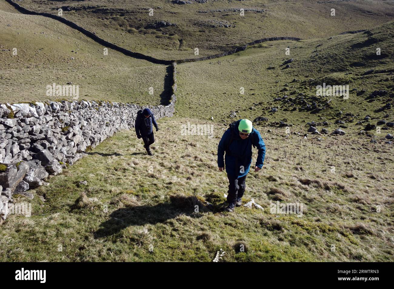 Two Men (Hikers) Climbing by Stone Wall in the Summit of 'Proctor High Mark' near Malham, Yorkshire Dales National Park, England, UK Stock Photo