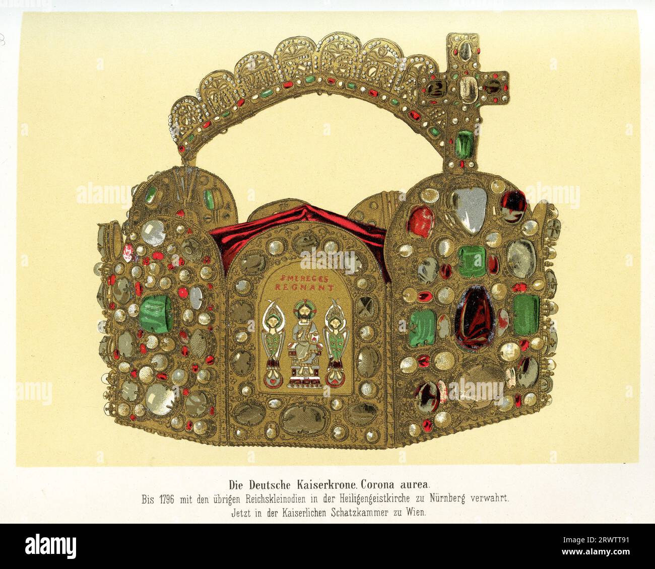 Ancient illustration of the Corona aurea, Imperial Crown of the Holy Roman Empire( lateral view showing Jesus with two angels) used from the 10th century until the dissolution of the Empire, now in the imperial Treasury at the Hofburg in Vienna Stock Photo