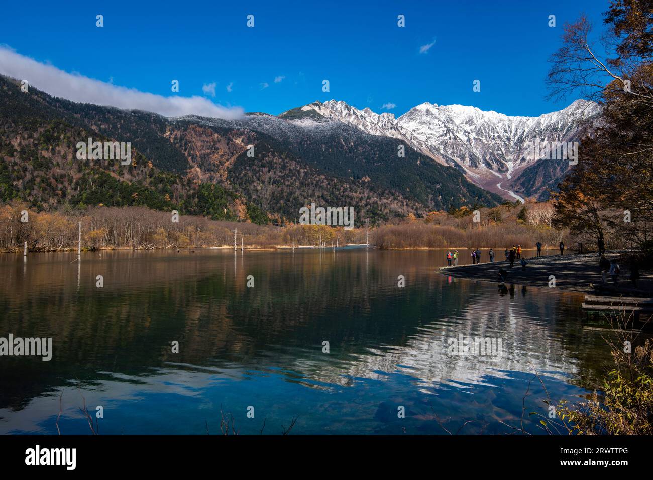 Taisho Pond reflecting the Hotaka mountain range Stock Photo