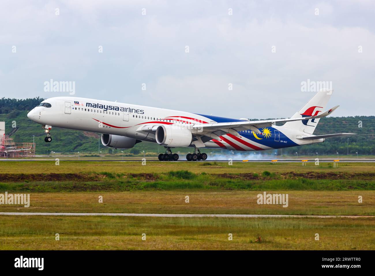 Kuala Lumpur, Malaysia - February 5, 2023: Malaysia Airlines Airbus A350-900 airplane at Kuala Lumpur Airport in Malaysia. Stock Photo
