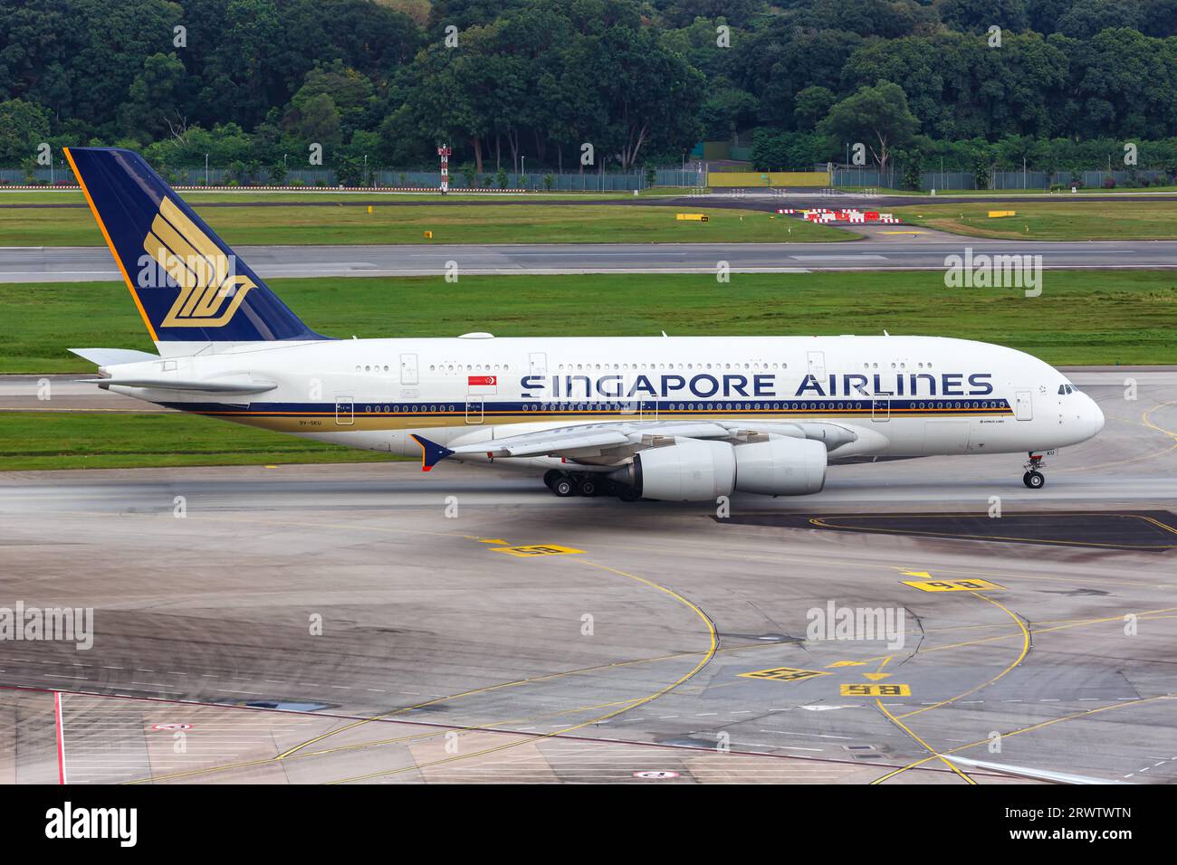 Changi, Singapore - February 3, 2023: Singapore Airlines Airbus A380-800 airplane at Changi Airport in Singapore. Stock Photo