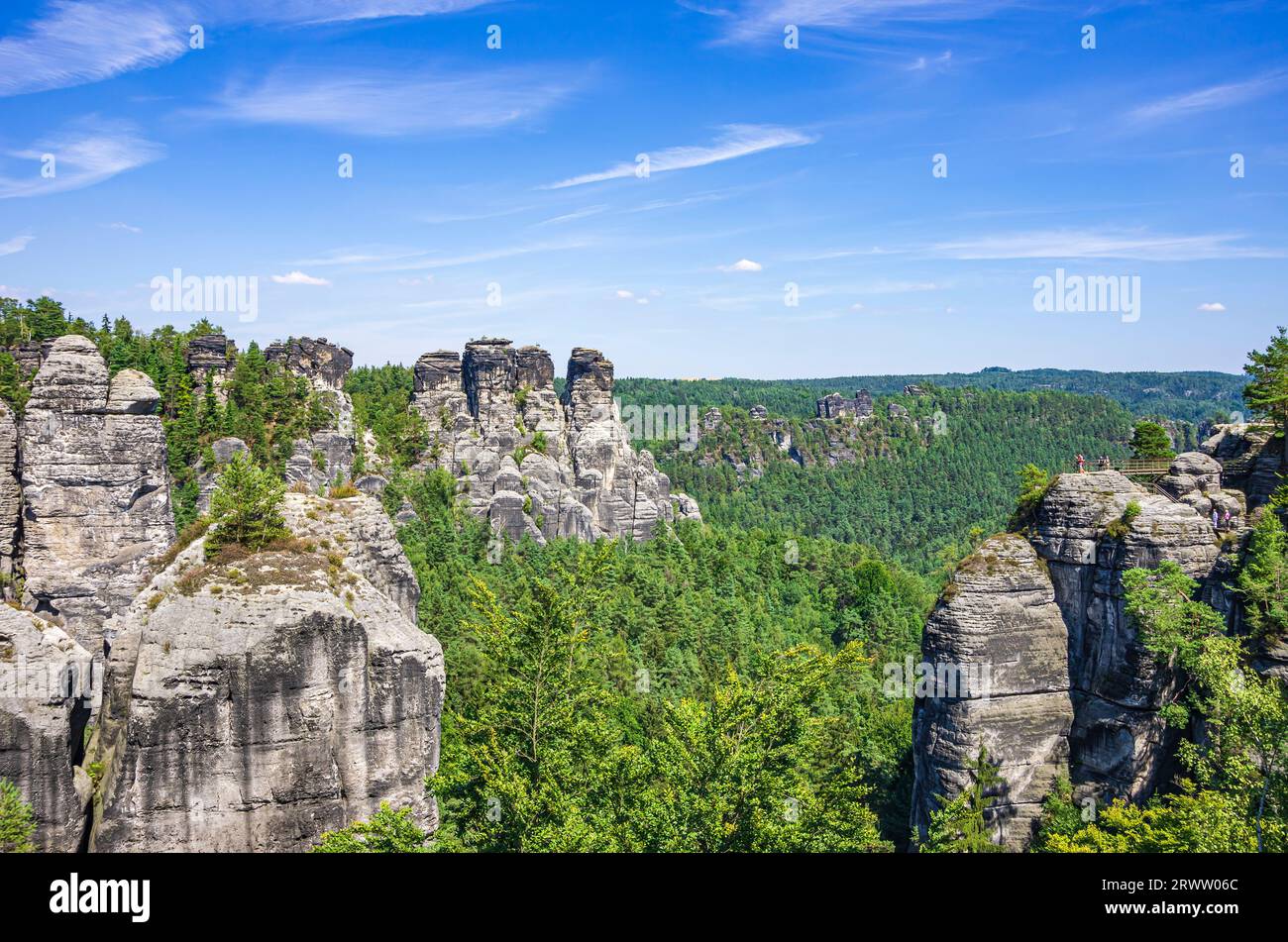 Picturesque Wehlstein View in the Bastei rock formation area, Elbe Sandstone Mountains, Saxon Switzerland, Saxony, Germany. Stock Photo