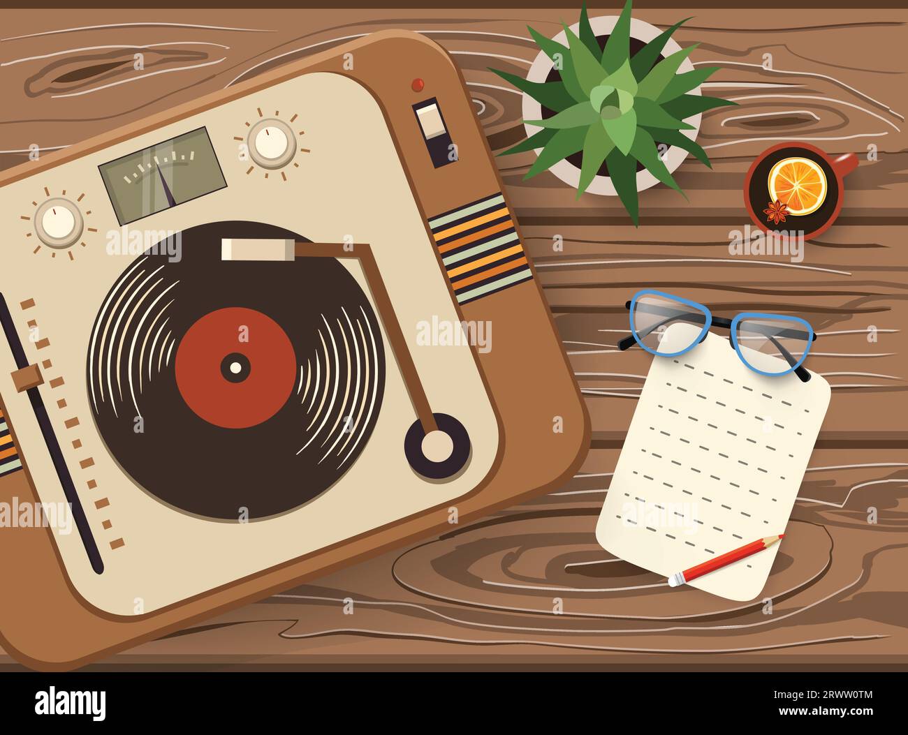 Still life with old vintage vinyl turntable, vector illustration, top view Stock Vector