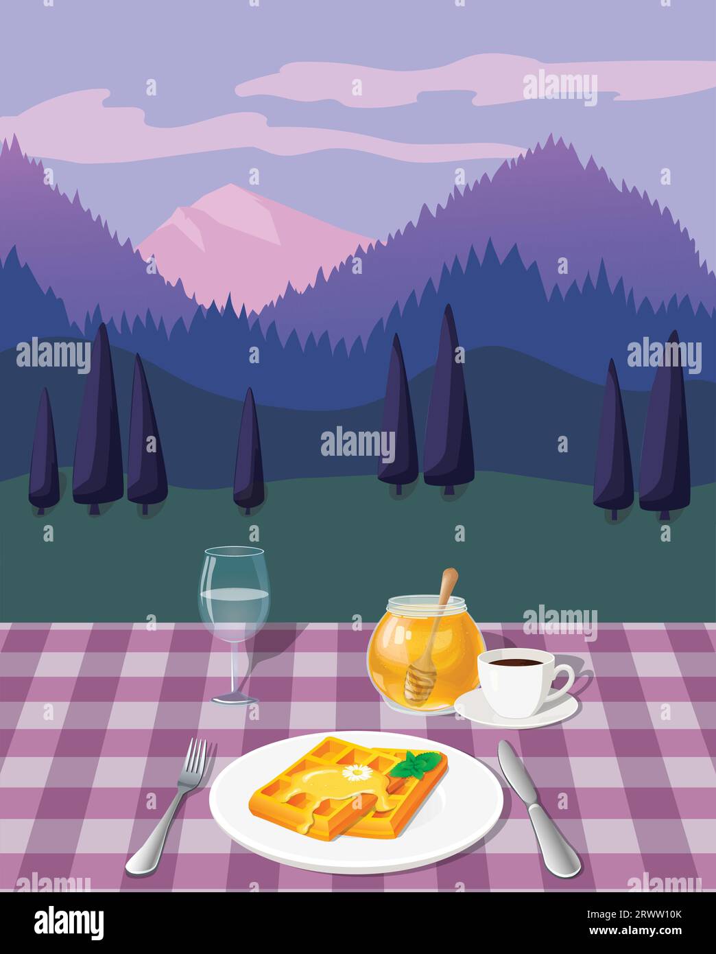 Vector illustration of hand drawn breakfast with coffee, waffles and honey with the beautiful mountain view Stock Vector