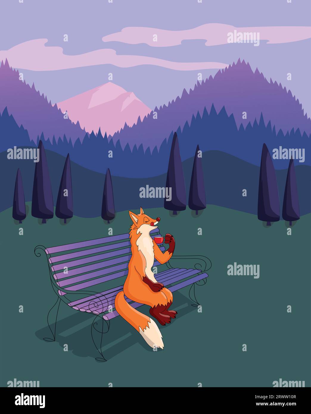 Hand drawn cartoon fox sitting on a bench with the mountain view and