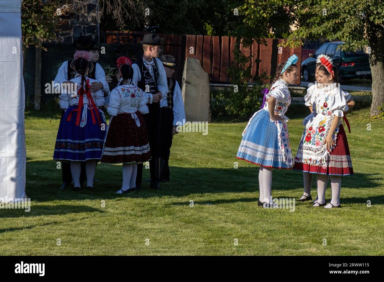 Traditional Hungarian harvest parade on September 16, 2023 in village Tapolca-Diszel of Hungary. Traditional hungarian clothes. Stock Photo