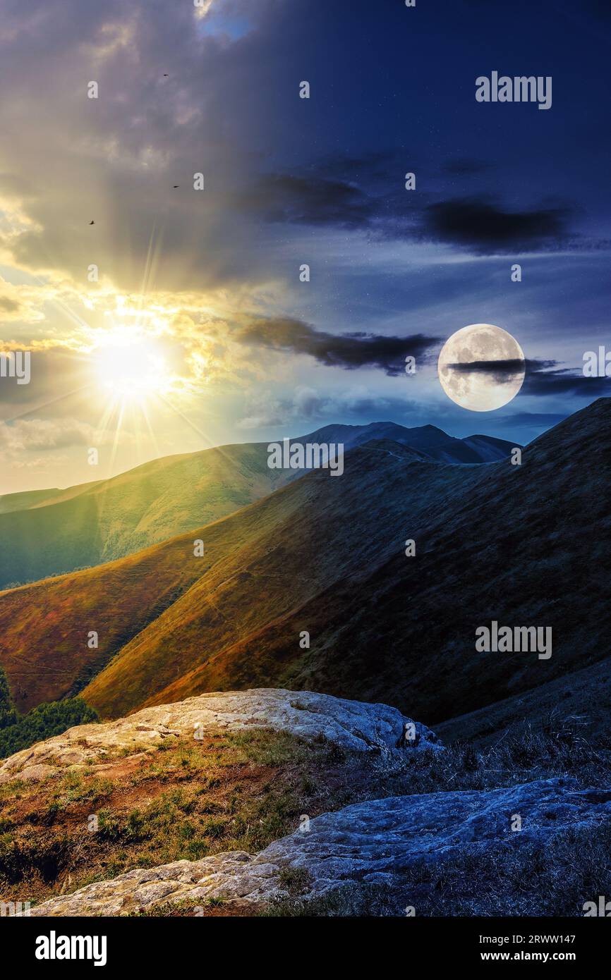 mountain landscape with stones among the grass on top of the hill under the cloudy summer sky with sun and moon at twilight. day and night time change Stock Photo