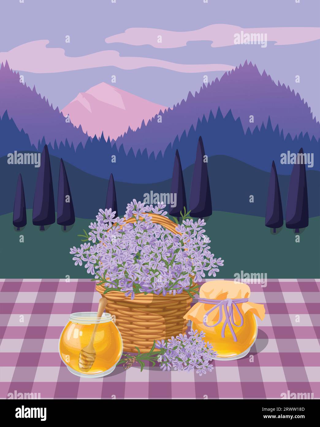 Vector illustration of hand drawn lavender honey jars with beautiful mountain view Stock Vector