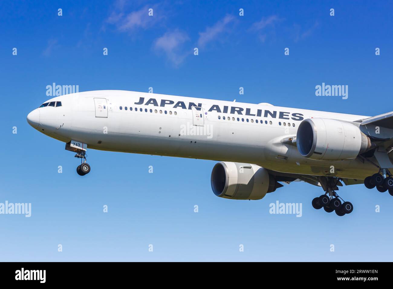 New York, United States - May 1, 2023: Japan Airlines Boeing 777-300ER airplane at New York JFK Airport in the United States. Stock Photo