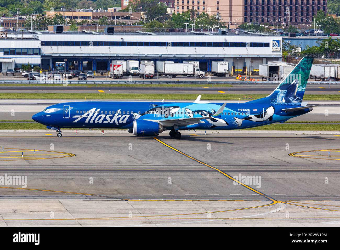 New York, United States - May 12, 2023: Alaska Airlines Boeing 737-9 MAX airplane with West Coast Wonders special livery at New York JFK Airport in th Stock Photo
