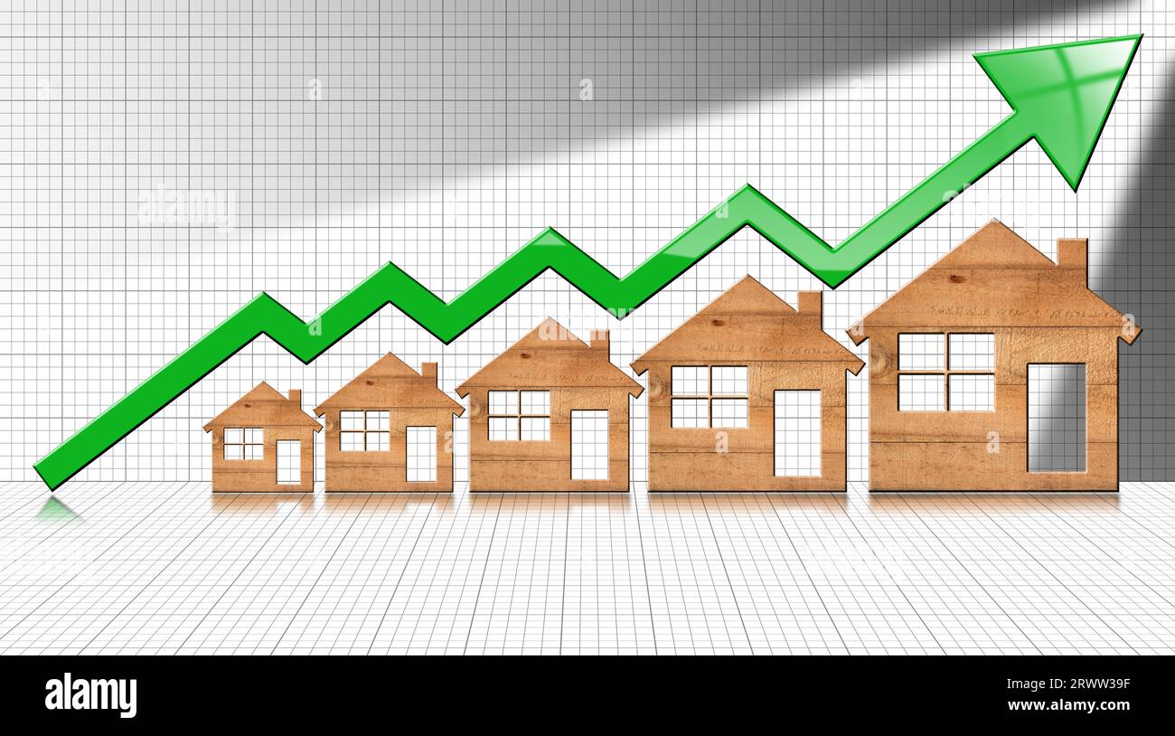 Growth graph with five wooden houses and green arrow moving up, 3d ...