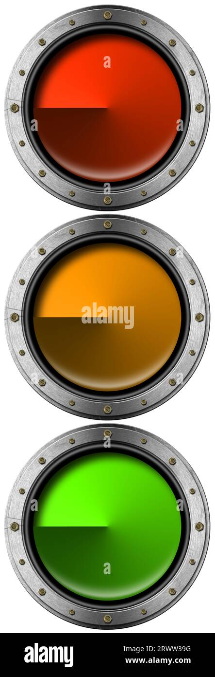 Three metal portholes in the shape of a traffic light, with all three lights on, green, orange and red. Isolated on white background. 3D illustration. Stock Photo