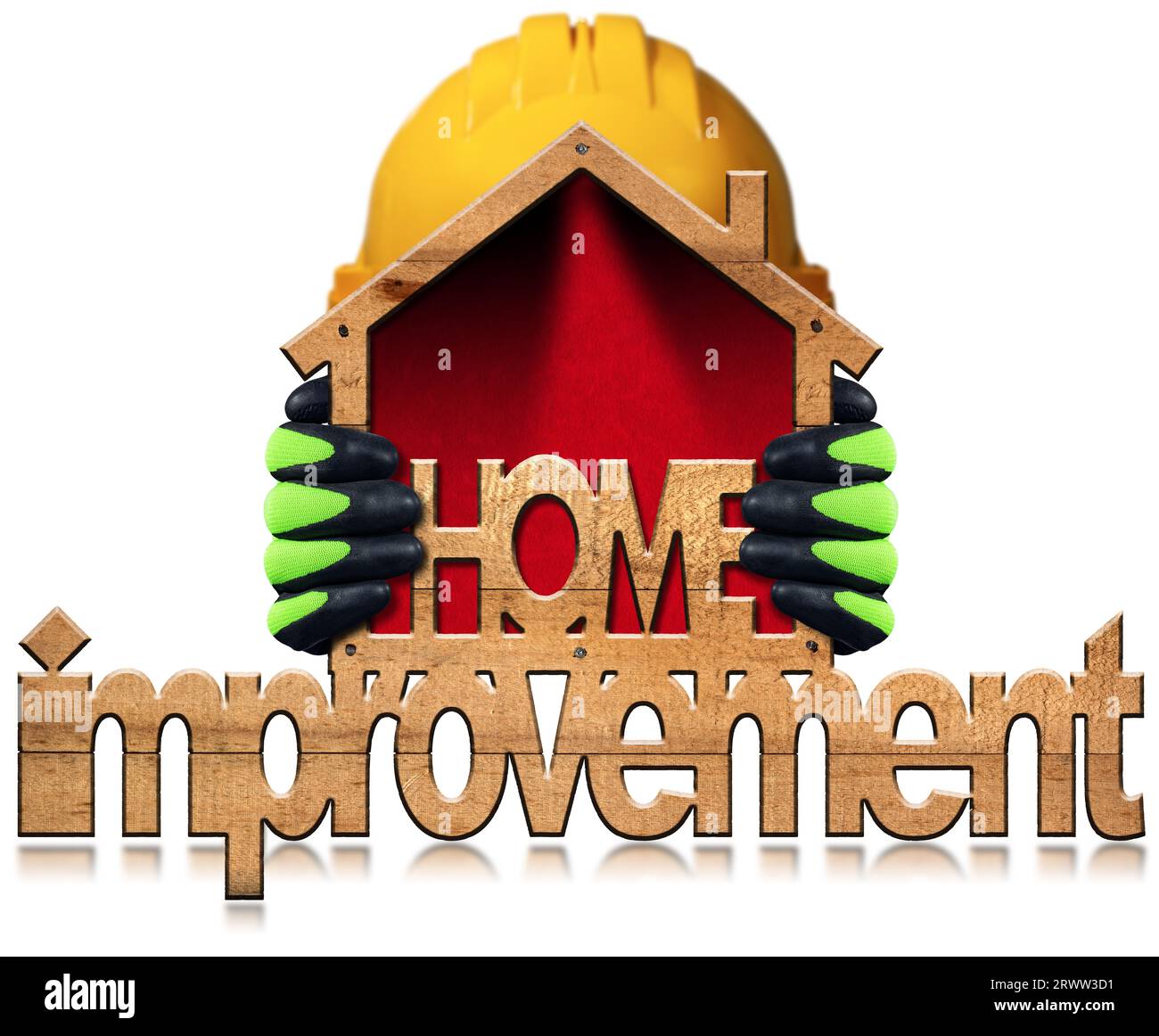 Manual worker with protective work gloves and orange hard hat holding a small wooden house with text Home Improvement, isolated on white background. Stock Photo