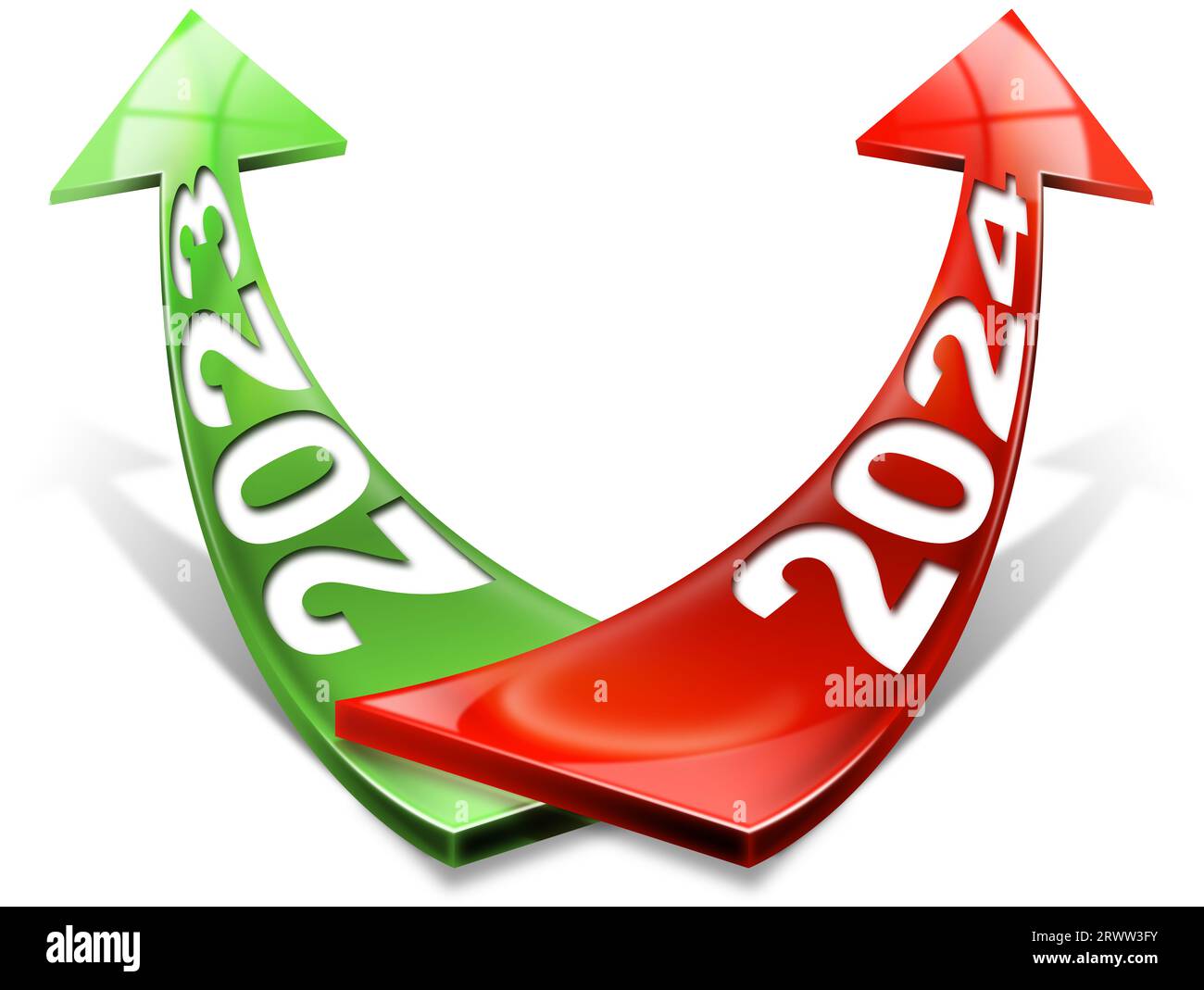 2023 and 2024 green and red arrows going up isolated on white