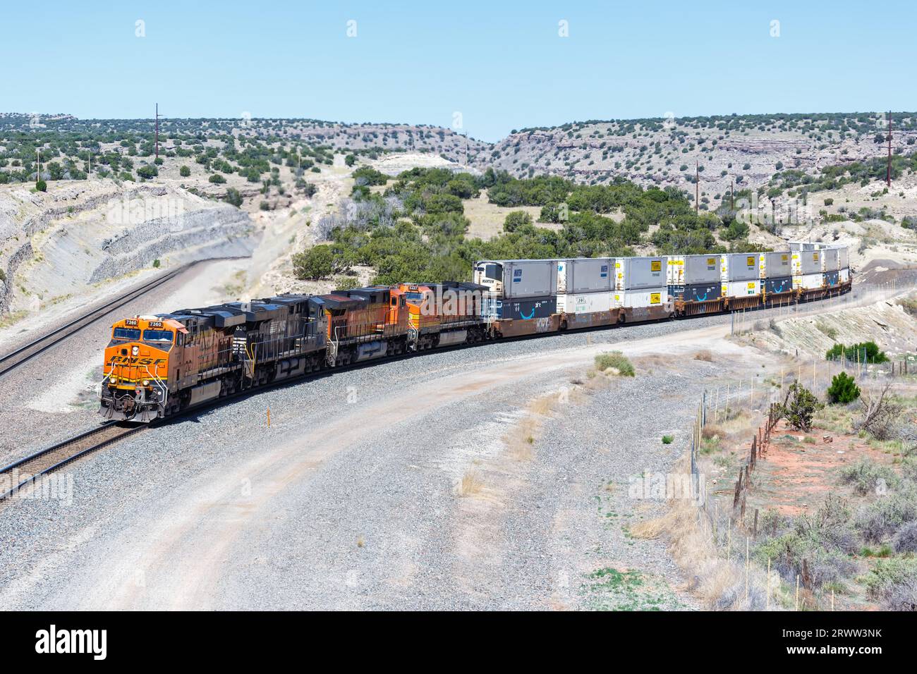 Abo, United States - May 9, 2023: BNSF Railway freight train at Abo pass in New Mexico, United States. Stock Photo