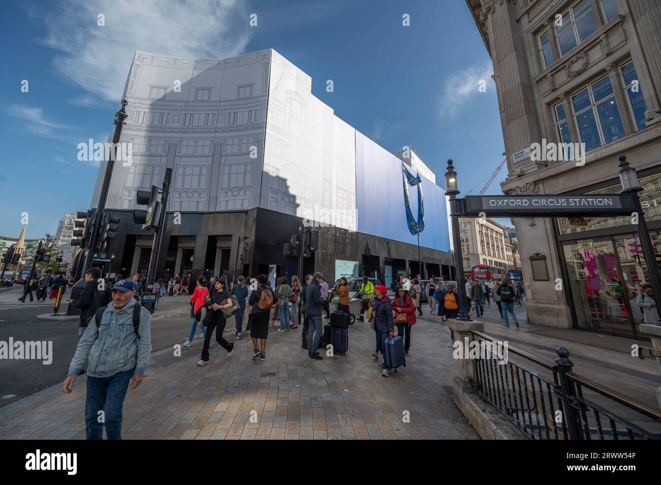 Oxford Street, London, UK. 21st Sep, 2023. Early shoppers and commuters in a dry and sunny Oxford Street pass 214 Oxford Street, former headquarters of Arcadia and Top Shop flagship store, currently under refurbishment for IKEA. Credit: Malcolm Park/Alamy Live News Stock Photo