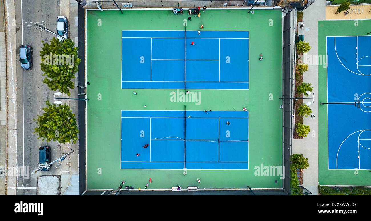 Aerial over Margaret S Hayward Tennis Courts with people playing Stock