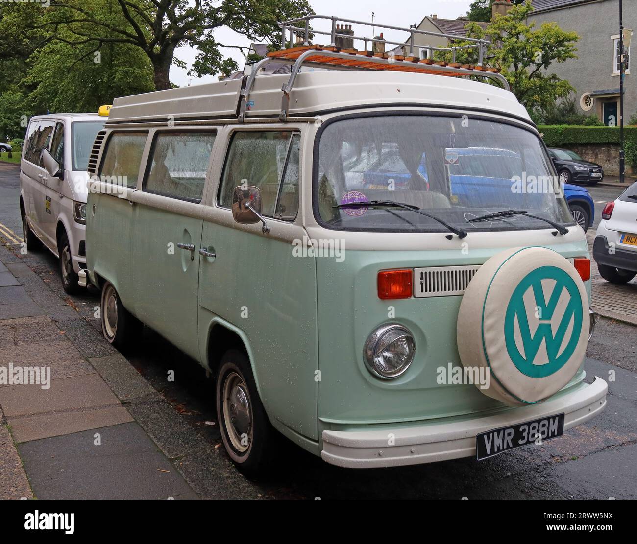 Excellent example of a 1973 vintage VW Camper Van - VMR 388M from the 1970s, parked in Barnard Castle, County Durham, England, UK Stock Photo