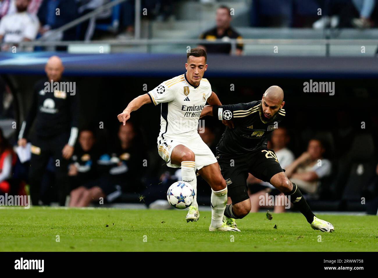 Madrid, Spain. 20th Sep, 2023. Lucas Vazquez of Real Madrid Cf and Aissa Laidouni of FC Union Berlin battle for the ball during the Uefa Champions League match beetween Real Madrid CF and Fc Union Berlin at Santiago Bernabeu Stadium on September 20, 2023 in Madrid, Spain . Credit: Marco Canoniero/Alamy Live News Stock Photo