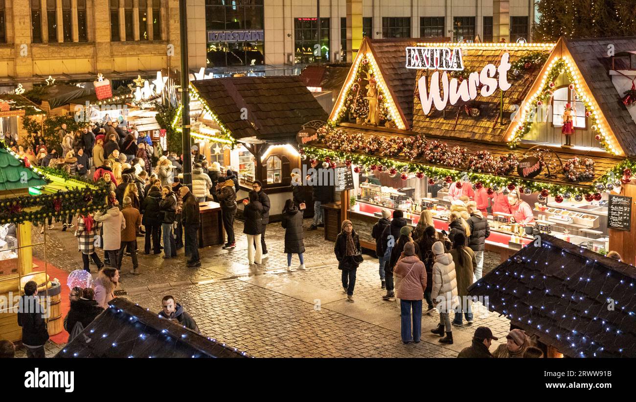 Dortmund Christmas Market, food and drinks stalls from above, Dortmund, Germany Stock Photo