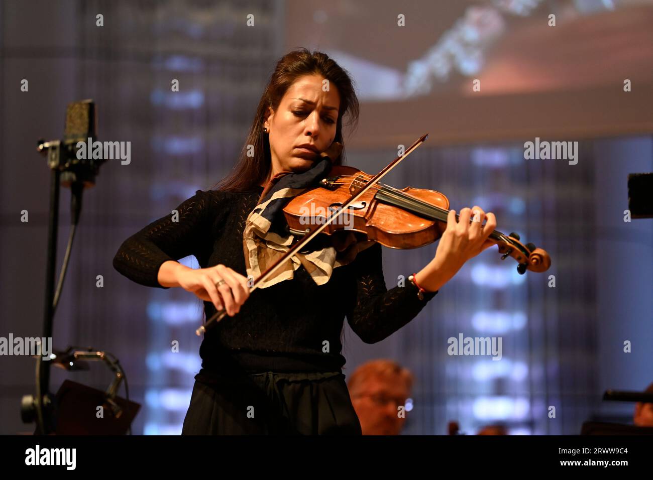 Zlin, Czech Republic. 21st Sep, 2023. Spanish violinist Leticia Moreno rehearses with the Bohuslav Martinu Philharmonic Orchestra for an evening concert within the Harmonia Moraviae festival at Congress Centre in Zlin, Czech Republic, September 21, 2023. Credit: Dalibor Gluck/CTK Photo/Alamy Live News Stock Photo