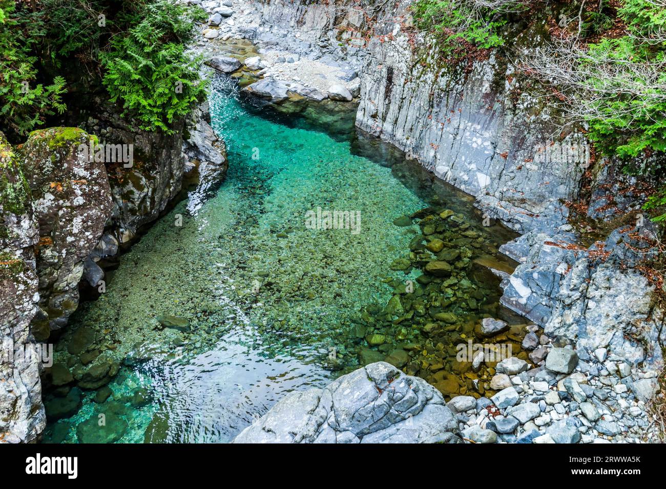 Atera Valley looking at the emerald green clear stream Stock Photo